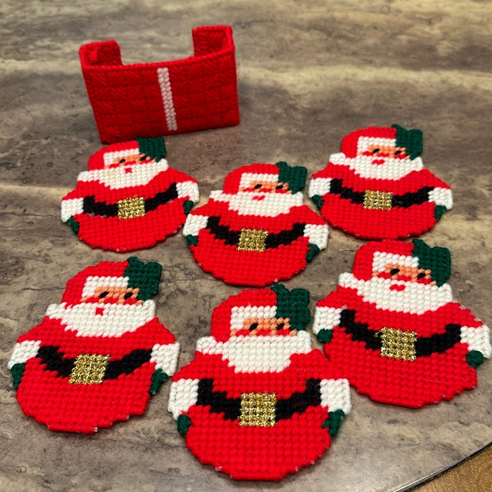 Handmade Needlework Santa Coaster with case